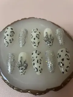 現品 シルバー レオパ リボン ギャル ネイルチップ ジェルネイル