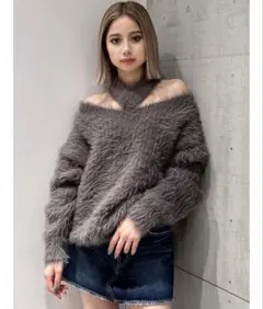 GYDA 2WAYシャギーチョーカーニットトップス チャコールグレー