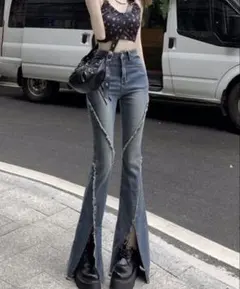 ハイウェスト ストレッチ フリンジ フレア デニムパンツ【韓国ファッション】