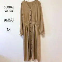 美品♡グローバルワーク　ノーカラーシャツワンピース　ブラウン　M