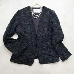 グリーンレーベルリラクシング　ノーカラージャケット　ツイード　黒紺　M