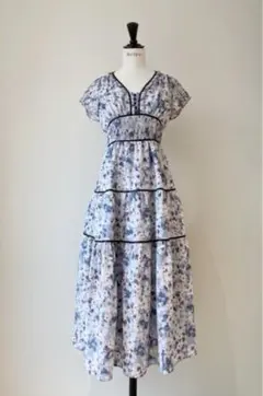 Watercolor Floral Tiered Dress Blue