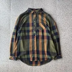 vintage 長袖シャツ 緑・黄 チェック柄 特徴的なボタン