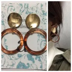 1168☺︎メタルゴールドとべっ甲フープのアンティークピアス☺︎