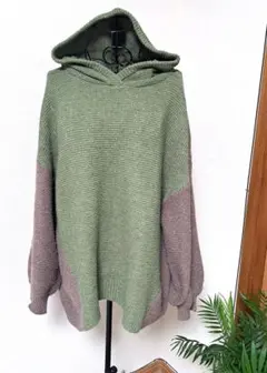 バイカラーニット フード付プルオーバー ゆるシルエット M 秋冬 ナチュラル系
