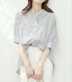 【美品】natural couture パール釦ヨーク切替5分袖シャツブラウス