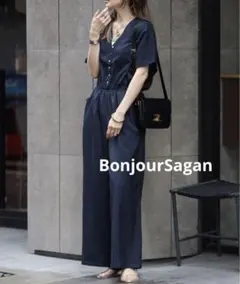 【BonjourSagan】ウエスト切替Vネックオールインワン　ネイビー　Ｆ