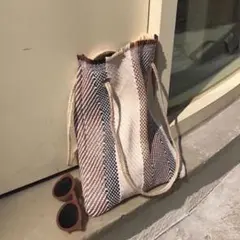 現品限り ❤️ 麻縄 ストライプ トート バック ピクニック カゴバッグ ベージュ