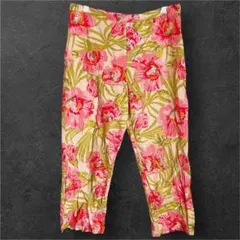 花柄 クロップドパンツ フラワープリント ピンク×グリーン コットン 【8】