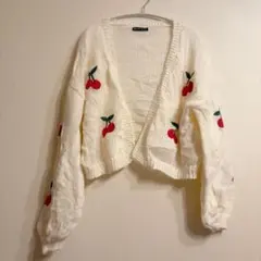 SHEIN チェリー刺繍 カーディガン S 白 ショート丈 海外古着