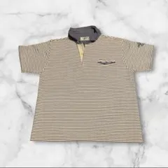 【Crocodile】細ボーダーポロシャツ L ワニ刺繍 胸ポケット 半袖