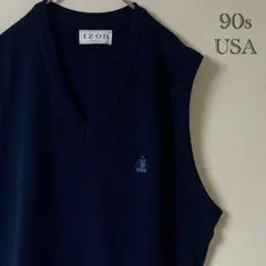 90s IZOD（アイゾッド）アクリルニットベスト/L/ネイビー/USA製のサムネイル