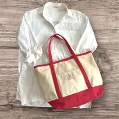 ベージュと赤のコットンキャンバストートバッグ大