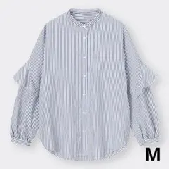 美品 •GU ラッフルスリーブブラウス、長袖 ストライプ【Mサイズ】