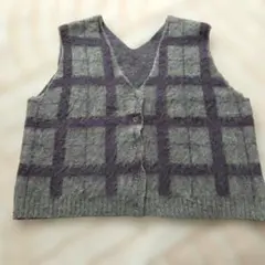 グレーと紫のチェック柄ニットベスト
