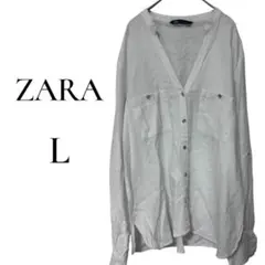 ZARA スキッパーシャツ Vネック ノーカラー ロールアップスリーブ L 白