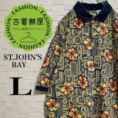 【90s】セントジョンズベイ ポロシャツ 総柄 花柄 Lサイズ Lボトム 古着