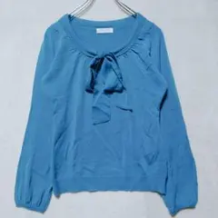 オフオン リボンニット ギャザー 長袖 (M) ブルー フェミニン