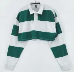 H&M DIVIDED 緑と白のストライプ クロップドポロシャツ M