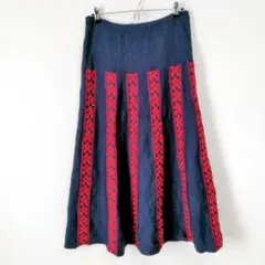 Eila Korhonen ネイビー　赤　ストライプ　ロング　　ニットスカート