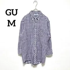 ☆GU　ボタンダウンシャツ　7分袖　ギンガムチェック　パープル　M　1737