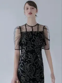 ドットチュールフラワースパンコールIラインワンピースドレス結婚式パーティー二次会