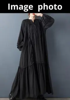 大人可愛いワンピース　各所フリル付　ブラック　ロングワンピース　Ｆ