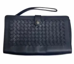 ネイビー レザー 編み込み クラッチバッグ