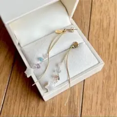 14Kgp 天然石 揺れる ピアス 星 チェーン 浴衣 古着
