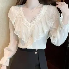 【Honeyspot】 無地柄 フリルトリム フラウンススリーブ ブラウス