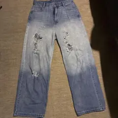 カジュアル ハイウエスト ダメージワイドデニム