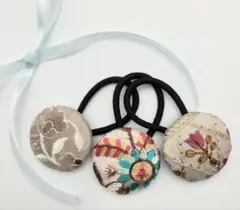 SALE♡三点セット　38mmインド刺繍リボン☆くるみボタンヘアゴム NO.11
