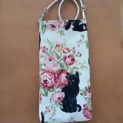 猫と花柄　スマホショルダー