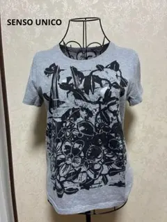 センソユニコ レディース 半袖Tシャツ グレー 花柄プリントのサムネイル