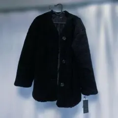 新品タグ付 ジュティク 肉厚フリース 裏地付ボアジャケット M 襟なし 黒