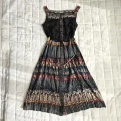 ​80s Vintage 総柄 レース ワンピース レトロ エキゾチック 紺 M