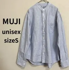 無印良品メンズバンドカラー ストライプシャツ S ブルー コットン混unisex