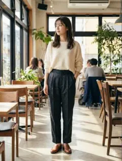 Riche glamour ペイズリー柄 ジャガード テーパードパンツ 黒