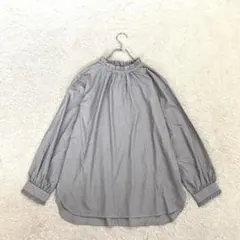 エニィファム【3】グレー 細ストライプ 長袖ブラウス フリル ハイネック 春秋のサムネイル
