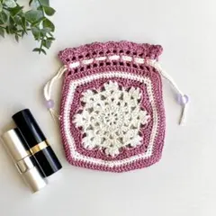 かぎ針編み 雪モチーフのミニ巾着・ミニポーチ【ピンク】