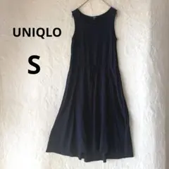 美品 UNIQLO ネイビー S レーヨン　ロングワンピース（ノースリーブ）