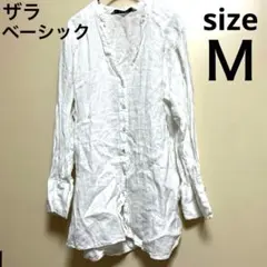 ZARA BASIC リネンシャツ M ホワイト Vネック チュニック丈 長袖のサムネイル