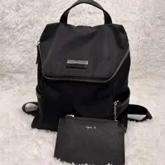 agnes b. アニエスベーボヤージュ パスケース付 リュック ブラック　ロゴ