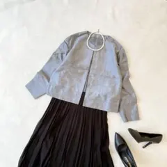 ノーカラージャケット　レディース　薄手　グレー　光沢　冷房対策