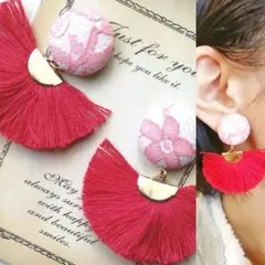 再販4　レース　フリンジ　ピンク　赤　ピアス　イヤリング　タッセル　カボション