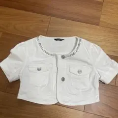 ホワイト ビジュー ノーカラージャケット