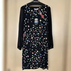 【美品希少】ツモリチサト　ビジュー総柄　シルク袖切替ワンピース