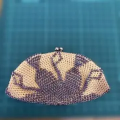 昭和　レトロ　がま口　ビーズ刺繍 コインケース ベージュ 紫