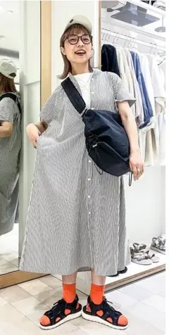 GLOBAL　WORK　ストライプ柄 半袖カットソーワンピース