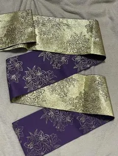 値下げ　半幅帯　紫　金　花柄　ゴールド　着物　浴衣　袴　帯